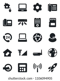 Set of vector isolated black icon - antenna vector, tomography, earth, 24 hours, support, laptop pc, settings, calculator, sd, network, cellular signal, office phone, notebook, air conditioner