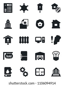Set of vector isolated black icon - house vector, bird, office building, garage, plan, estate document, sold signboard, insurance, water heater, pc, gear, smoke detector, radiator, bulb, police