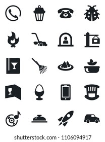 Set of vector isolated black icon - reception vector, mobile phone, rake, lawn mower, lady bug, fire, music, children room, crane, serviette, wine card, salad, egg stand, outdoor lamp, rocket, car