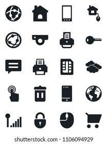 Set of vector isolated black icon - clouds vector, lock, mouse, printer, house, earth, network, cell phone, touch screen, mobile, message, sim, cellular signal, key, home control, web camera, cart