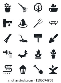 Set of vector isolated black icon - job vector, flower in pot, trowel, farm fork, rake, tree, watering, saw, lawn mower, fire, water drop, plant label, garden light, caterpillar, picnic table, salad