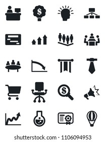 Set of vector isolated black icon - team vector, meeting, manager place, arrow up graph, shining head, pennon, growth, crisis, office chair, money search, cart, flask, schedule, hierarchy, tie, tree