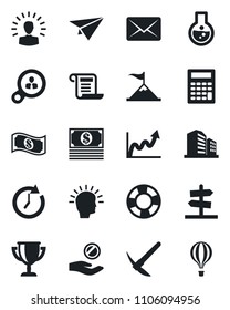 Set of vector isolated black icon - consumer search vector, shining head, motivation, clock, growth graph, investment, flask, cash, calculator, paper plane, crisis management, mail, award cup