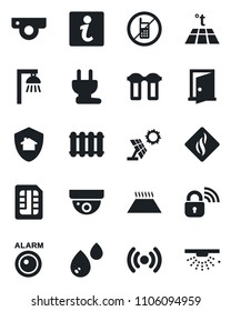 Set of vector isolated black icon - no mobile vector, sim, power plug, wireless lock, web camera, water, filter, smoke detector, radiator, warm floor, outdoor lamp, home protect, sun panel, door