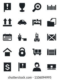 Set of vector isolated black icon - important flag vector, office phone, support, car delivery, term, receipt, sea port, container, folder document, fragile, cargo, warehouse storage, up side sign