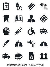 Set of vector isolated black icon - disabled vector, watering, syringe, blood test vial, dropper, pills bottle, blister, tomography, ambulance car, lungs, tooth, pulse clipboard, diet, client