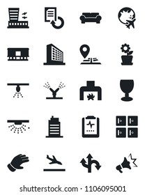 Set of vector isolated black icon - arrival vector, plane globe, airport building, checkroom, office, document reload, glove, pulse clipboard, route, navigation, fragile, railroad, fireplace