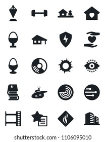 Set of vector isolated black icon - radar vector, pennant, circle chart, sun, barbell, heart hand, film frame, favorites list, protect, network, eye id, book, house with garage, tree, pond