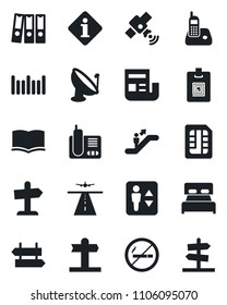 Set of vector isolated black icon - runway vector, elevator, escalator, no smoking, signpost, book, barcode, satellite antenna, radio phone, sim, news, identity card, paper binder, bedroom