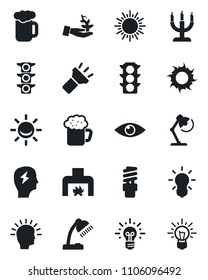 Set of vector isolated black icon - sun vector, brainstorm, eye, traffic light, torch, desk lamp, fireplace, beer, candle, bulb, energy saving, alarm led, palm sproute, shining head, idea