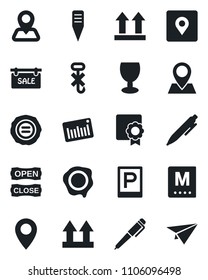 Set of vector isolated black icon - parking vector, pen, stamp, plant label, navigation, pin, fragile, up side sign, no hook, barcode, place tag, sertificate, sale, menu, open close, paper plane
