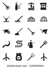 Set of vector isolated black icon - farm fork vector, rake, wheelbarrow, well, hoe, sickle, greenhouse, garden sprayer, fertilizer, drip irrigation, windmill