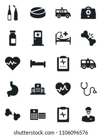 Set of vector isolated black icon - bed vector, medical room, heart pulse, doctor case, stethoscope, pills, ampoule, ambulance car, hospital, stomach, broken bone, clipboard