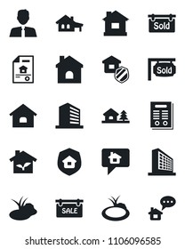 Set of vector isolated black icon - office building vector, house, pond, contract, with garage, tree, estate document, sale, sold signboard, agent, insurance, eco, home message