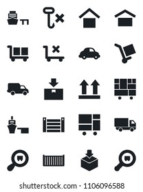Set of vector isolated black icon - cargo container vector, car delivery, sea port, consolidated, warehouse storage, up side sign, no trolley, hook, package, search