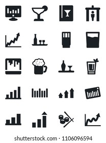 Set of vector isolated black icon - security gate vector, growth statistic, monitor, barcode, scanner, bar graph, alcohol, wine card, drink, cocktail, phyto, beer, sushi, arrow up