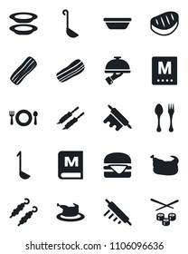 Set of vector isolated black icon - spoon and fork vector, cafe, menu, plates, bacon, waiter, chicken, steak, kebab, hamburger, ladle, bowl, rolling pin, sushi
