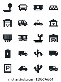Set of vector isolated black icon - taxi vector, airport bus, parking, alarm car, ambulance, route, railroad, truck trailer, delivery, heavy scales, garage, gate control, battery