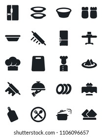 Set of vector isolated black icon - fridge vector, cook, restaurant table, serviette, cafe, hat, plates, waiter, salt and pepper, bowl, rolling pin, cutting board, steaming pan