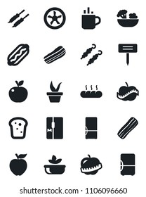 Set of vector isolated black icon - hot cup vector, seedling, plant label, diet, fridge, salad, bacon, bread, kebab, dog, apple fruit, fan