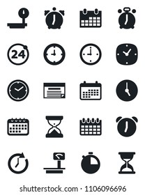 Set of vector isolated black icon - 24 around vector, alarm clock, calendar, heavy scales, stopwatch, schedule, sand