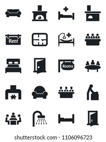Set of vector isolated black icon - baby room vector, shower, meeting, fireplace, hospital bed, plan, rent, rooms, bedroom, cushioned furniture, door