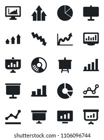 Set of vector isolated black icon - presentation board vector, crisis graph, statistic monitor, circle chart, statistics, bar, pie, point, arrow up, growth