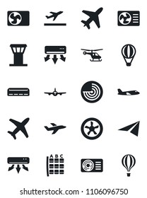 Set of vector isolated black icon - plane vector, airport tower, departure, radar, helicopter, seat map, air conditioner, fan, paper, balloon