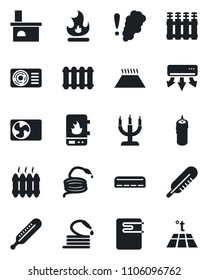 Set of vector isolated black icon - fire vector, hose, fireplace, thermometer, heater, air conditioner, candle, water, smoke detector, radiator, warm floor