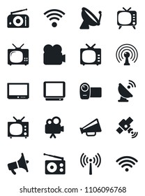Set of vector isolated black icon - antenna vector, satellite, radio, loudspeaker, tv, video camera, wireless