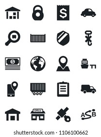 Set of vector isolated black icon - earth vector, pin, store, satellite, cash, mobile tracking, truck trailer, cargo container, car delivery, receipt, sea port, clipboard, no hook, warehouse, shield