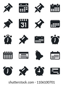 Set of vector isolated black icon - alarm clock vector, drawing pin, calendar, term, paper, bell, schedule