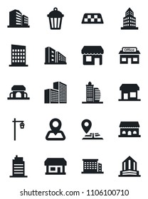 Set of vector isolated black icon - taxi vector, garden light, navigation, store, office building, city house, cafe, storefront