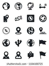 Set of vector isolated black icon - globe vector, route, navigation, earth, pin, mobile tracking, network, place tag, compass, flag
