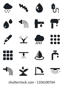 Set of vector isolated black icon - crisis graph vector, watering, water drop, rain, drip irrigation, dropper, menu, supply, sprinkler