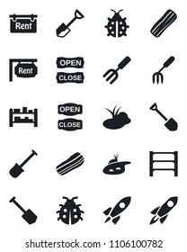 Set of vector isolated black icon - job vector, garden fork, shovel, lady bug, pond, rack, rent, bacon, open close, rocket