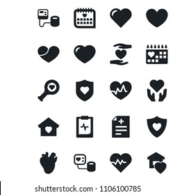 Set of vector isolated black icon - heart vector, pulse, diagnosis, blood pressure, diagnostic, shield, hand, real, medical calendar, clipboard, sweet home