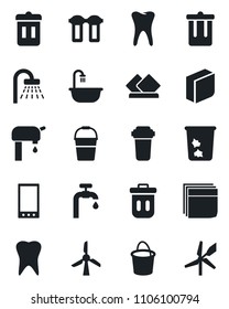 Set of vector isolated black icon - trash bin vector, shower, bucket, tooth, mobile, blank box, water supply, bathroom, serviette, filter, windmill