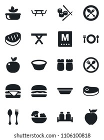 Set of vector isolated black icon - spoon and fork vector, picnic table, cafe, menu, salad, salt pepper, steak, hamburger, bowl, sushi, apple fruit