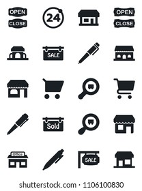 Set of vector isolated black icon - 24 around vector, shop, pen, store, search cargo, sale, sold signboard, cafe building, open close, cart, storefront