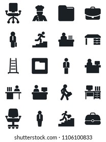 Set of vector isolated black icon - manager vector, desk, place, ladder, folder, career, cook, office chair, case