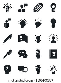 Set of vector isolated black icon - speaking man vector, pen, brainstorm, bulb, dialog, wine card, hot dog, energy saving, shining head, idea