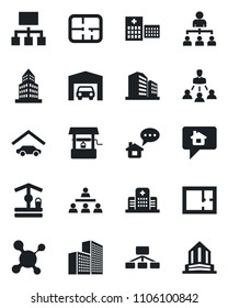 Set of vector isolated black icon - hierarchy vector, well, molecule, hospital, office building, garage, plan, home message