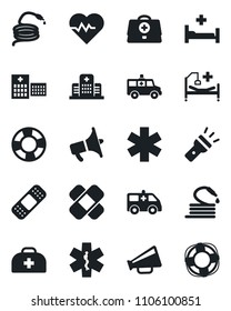 Set of vector isolated black icon - hose vector, heart pulse, doctor case, patch, ambulance star, car, hospital bed, loudspeaker, torch, crisis management