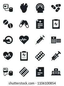 Set of vector isolated black icon - heart pulse vector, diagnosis, syringe, blood pressure, pills, blister, tomography, real, clipboard, hospital
