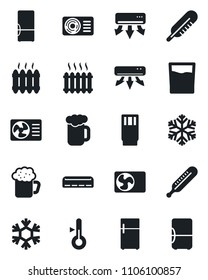 Set of vector isolated black icon - thermometer vector, heater, air conditioner, fridge, drink, beer, snowflake