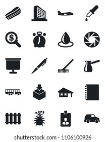 Set of vector isolated black icon - airport bus vector, alarm clock, plane, office building, identity card, rake, water drop, dropper, virus, package, mobile camera, copybook, presentation board