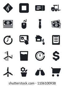 Set of vector isolated black icon - ticket vector, fork loader, dollar sign, mouse, flower in pot, lungs, cash, clipboard, stop button, tie, windmill, drink, home control, app, smoke detector, clock