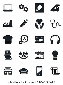 Set of vector isolated black icon - waiting area vector, ladder car, gear, bulb, stethoscope, syringe, heart hand, store, cell phone, headphones, notes, calendar, company, notebook pc, book, factory