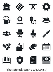 Set of vector isolated black icon - glove vector, house, picnic table, diagnosis, blood test vial, dropper, pills, blister, settings, brightness, office chair, stamp, estate document, beer, chicken